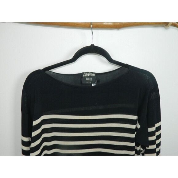 Jean Paul GAULTIER Sweater Medium‎ Blue White Striped Knit Asymmetric Wave Hem - Picture 3 of 8
